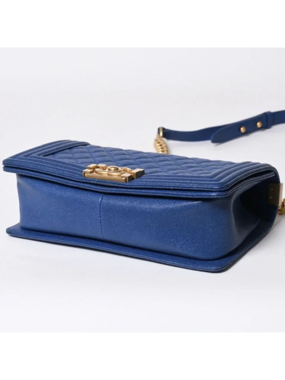 Chanel Boy Chain Shoulder Bag Blue Caviar Leather Gold